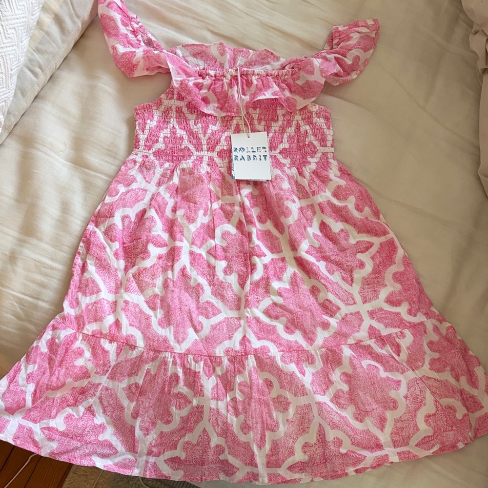 Roller Rabbit Pink and White Smocked Off-Shoulder Dress